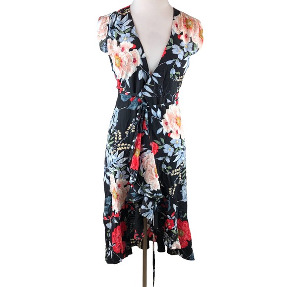 Yumi Kim Anthropologie Silk Floral Mini Wrap Santorini Dress Black Multi Size S - Picture 2 of 12